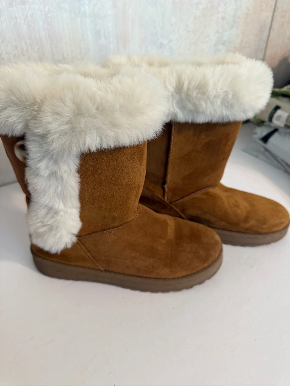 SO Kids Brown Chestnut Faux Suede Boots w Faux Cream Shearling Cuff, Warm, Sz 3